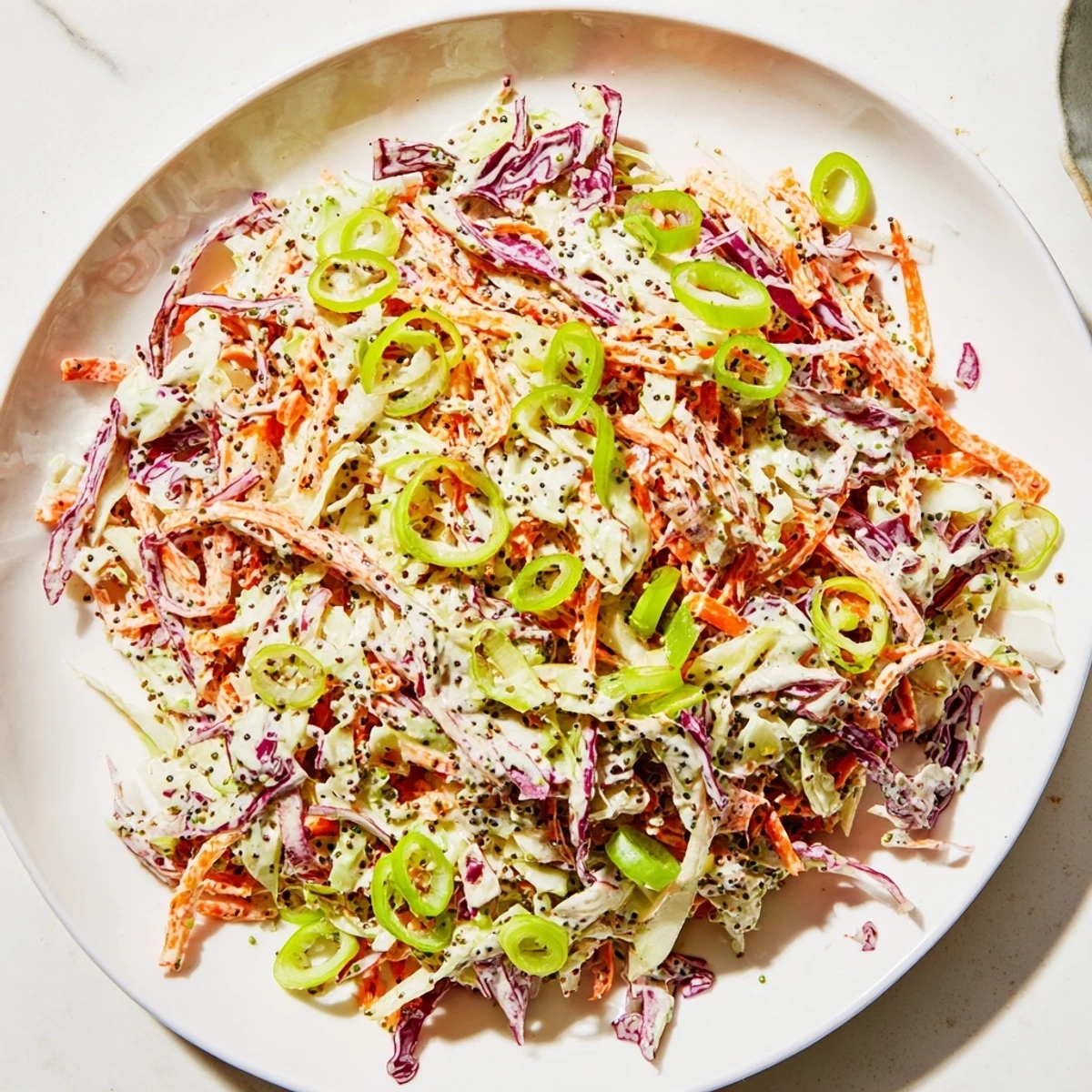 Vibrant quick coleslaw salad, a colorful mix ready to be tossed with creamy, tangy dressing.