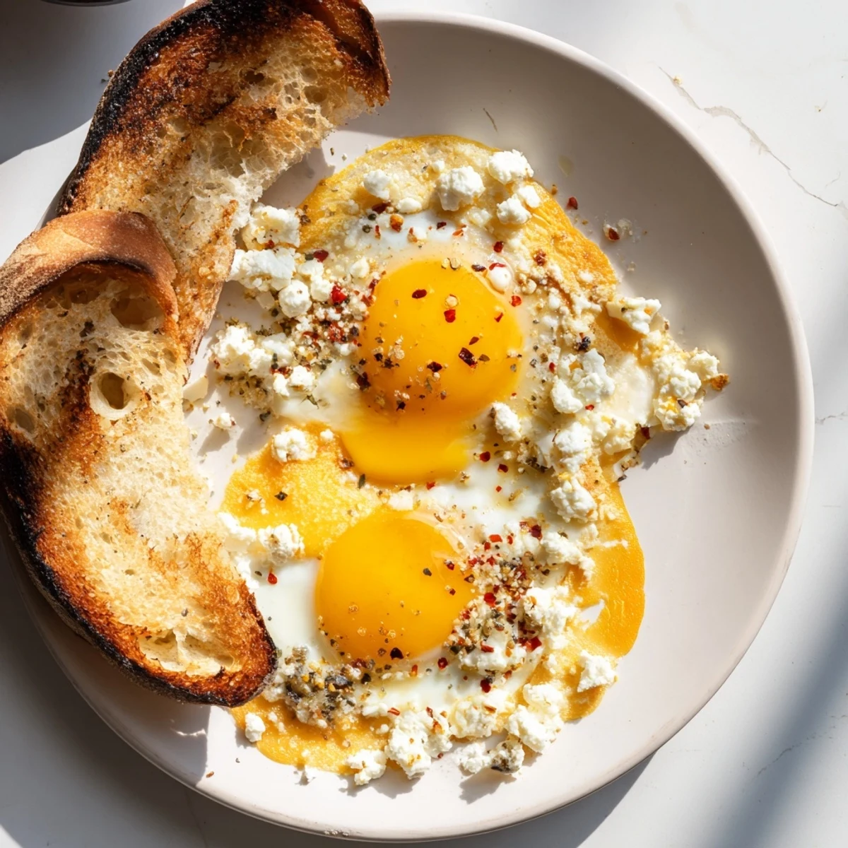 Enjoy a close-up of a delectable feta fried eggs grilled cheese, oozing cheese and perfectly fried eggs.