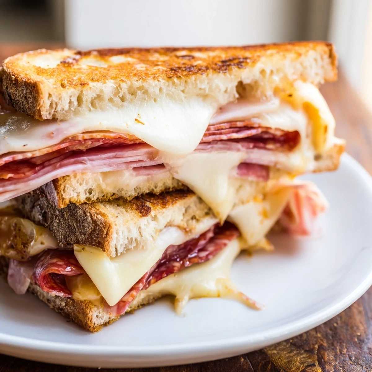 Golden, gooey Charcuterie Grilled Cheese with melted cheese oozing between toasted bread slices for a delicious meal.