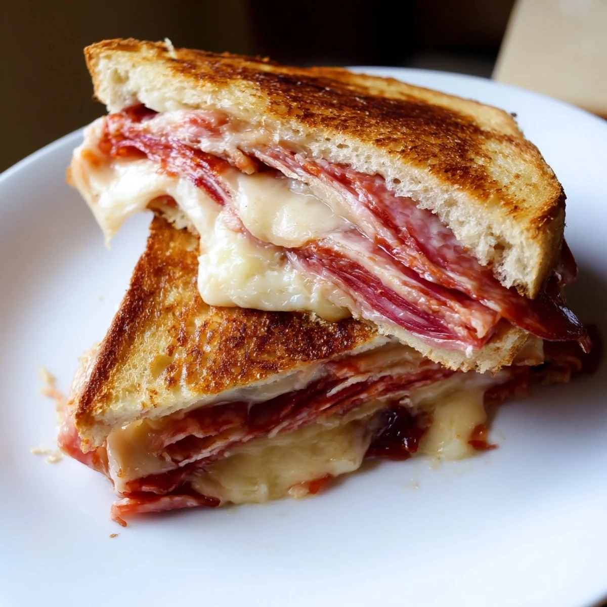 A close-up of a Charcuterie Grilled Cheese, showing layers of meats and cheeses beautifully melted and ready to eat.