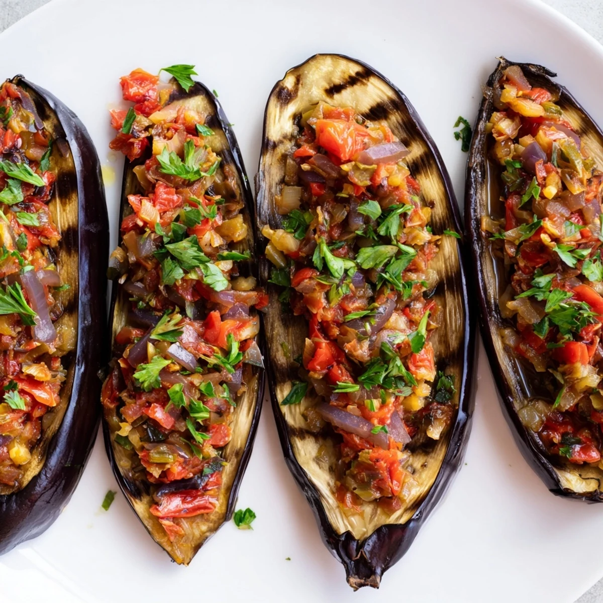 A delicious vegetarian Imam Bayildi, the Turkish eggplant dish, cooked until the eggplants are meltingly soft.