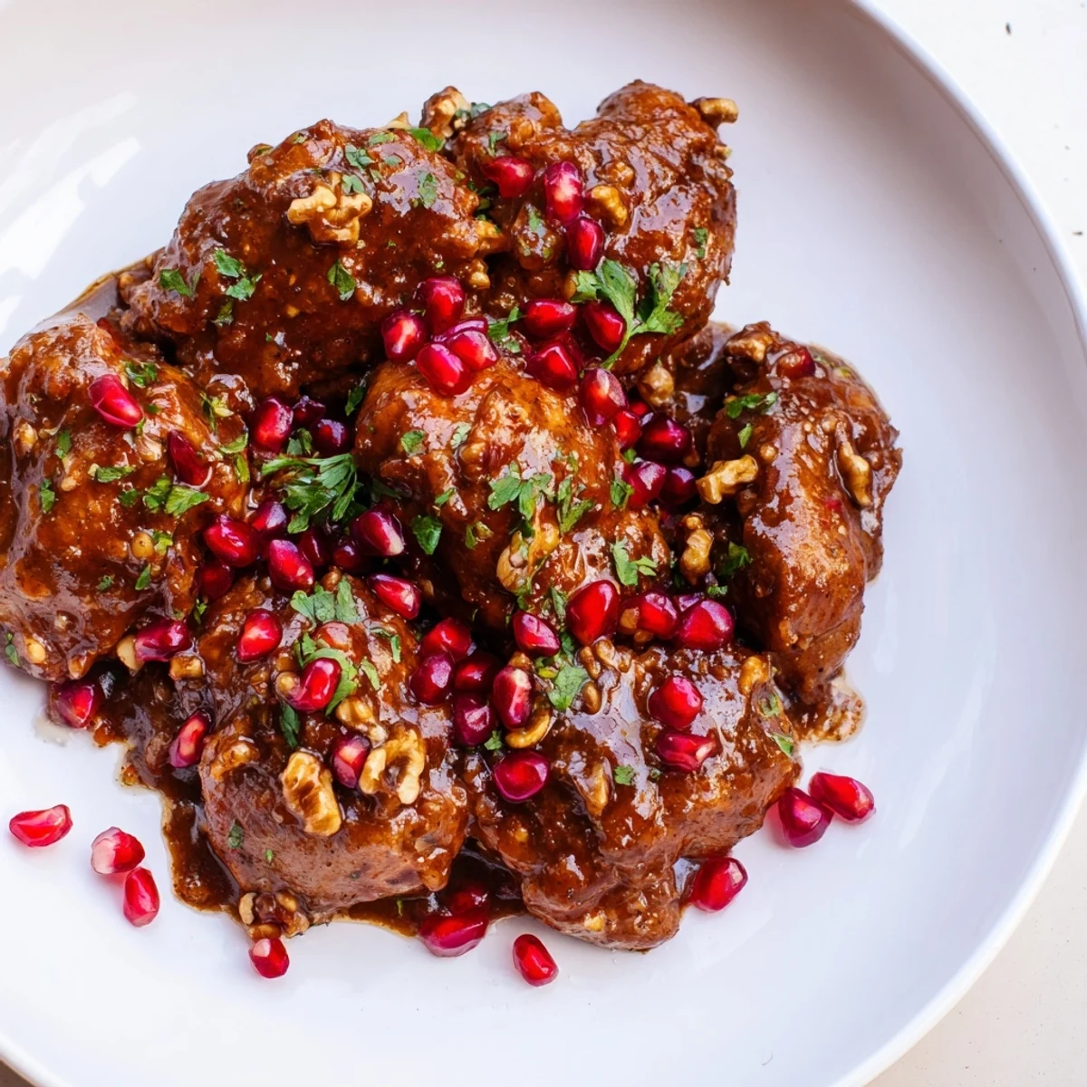 Iranian Fesenjan stew, a rich, dark stew with chicken and a glistening, savory sauce.