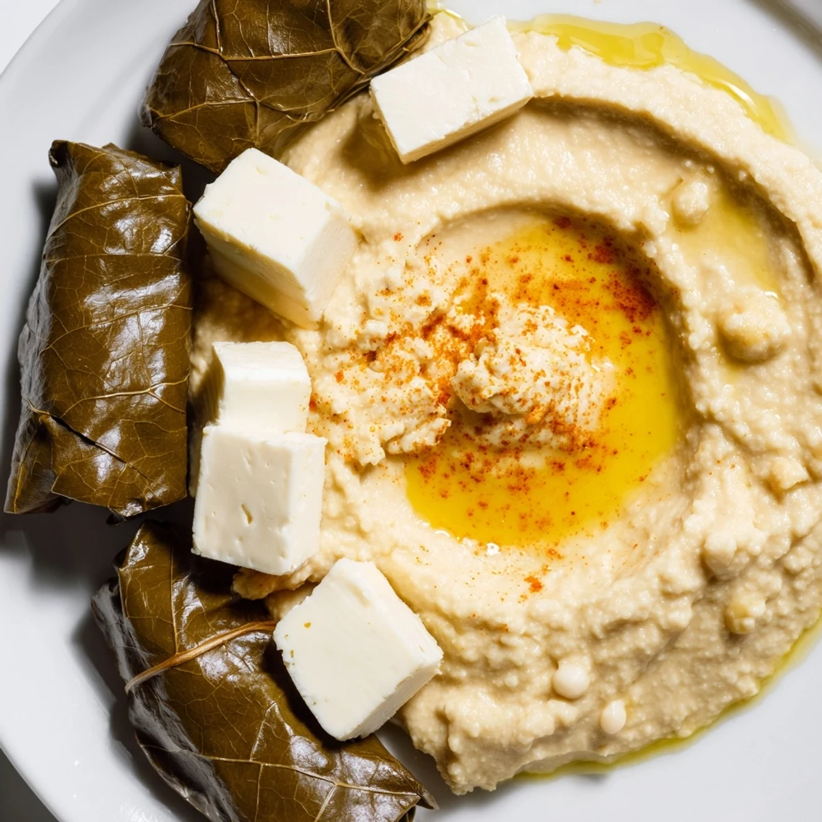 A beautifully arranged Turkish Meze Platter, showcasing creamy hummus and colorful olives alongside cheese.