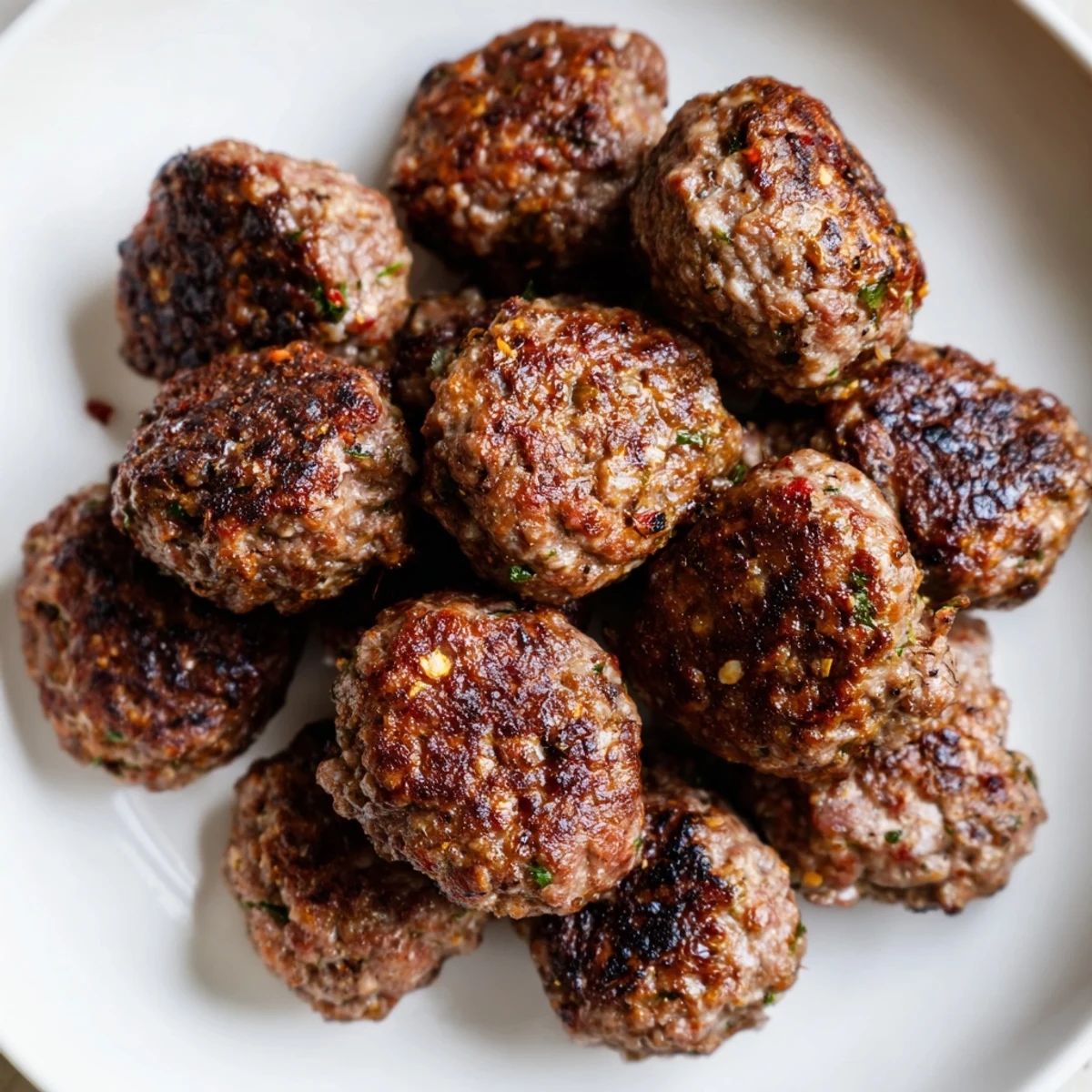 A close-up of delicious, grilled Turkish Köfte meatballs with visible herbs, ready to enjoy with a side.
