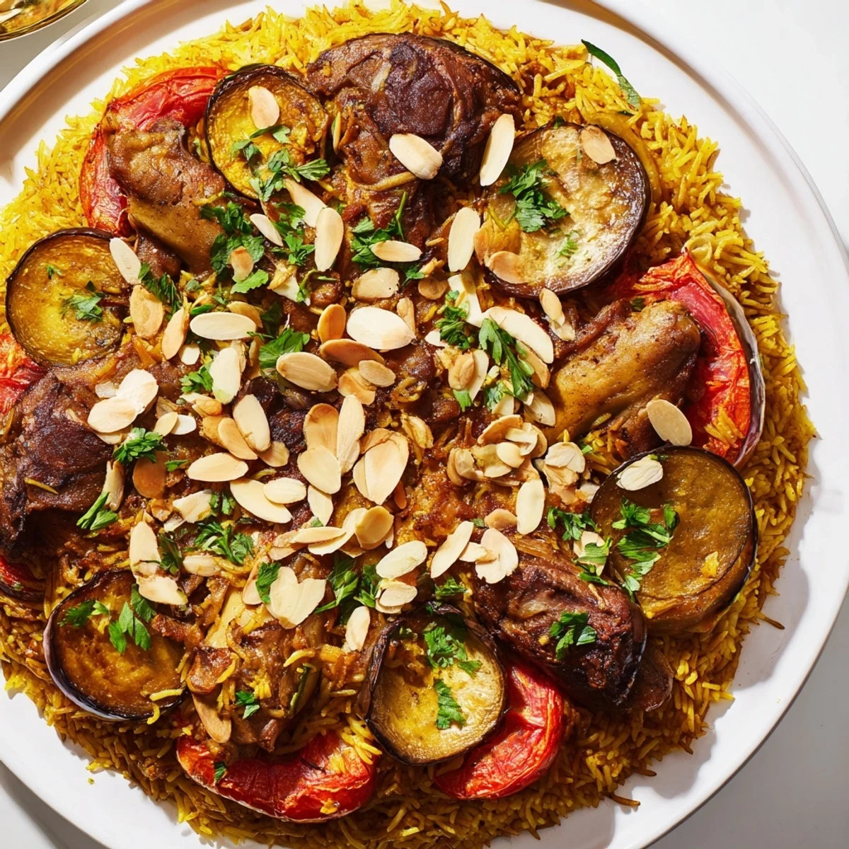 A beautifully flipped Maqluba with layered meat, rice, and vegetables, ready to serve, steaming hot.