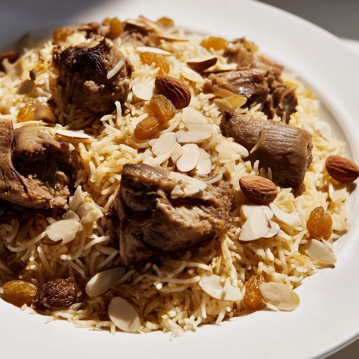 Fluffy Saudi Kabsa rice, speckled with golden raisins, topped with toasted almonds and fresh parsley.