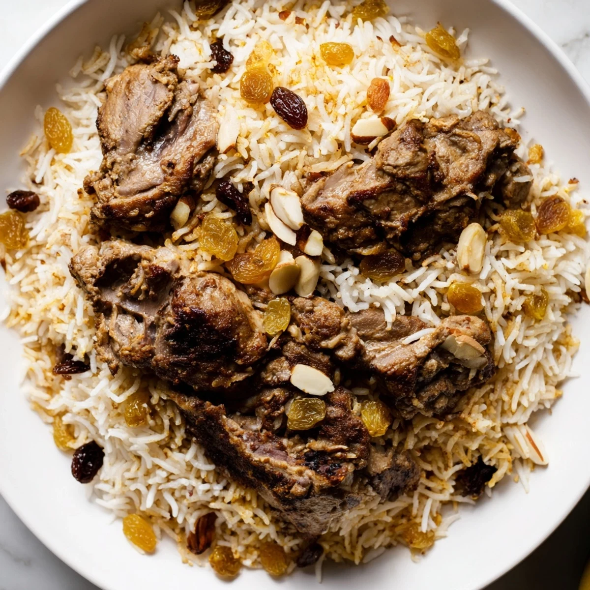 Enjoy a visual feast: a hearty serving of Saudi Kabsa rice with tender lamb and aromatic garnishes.