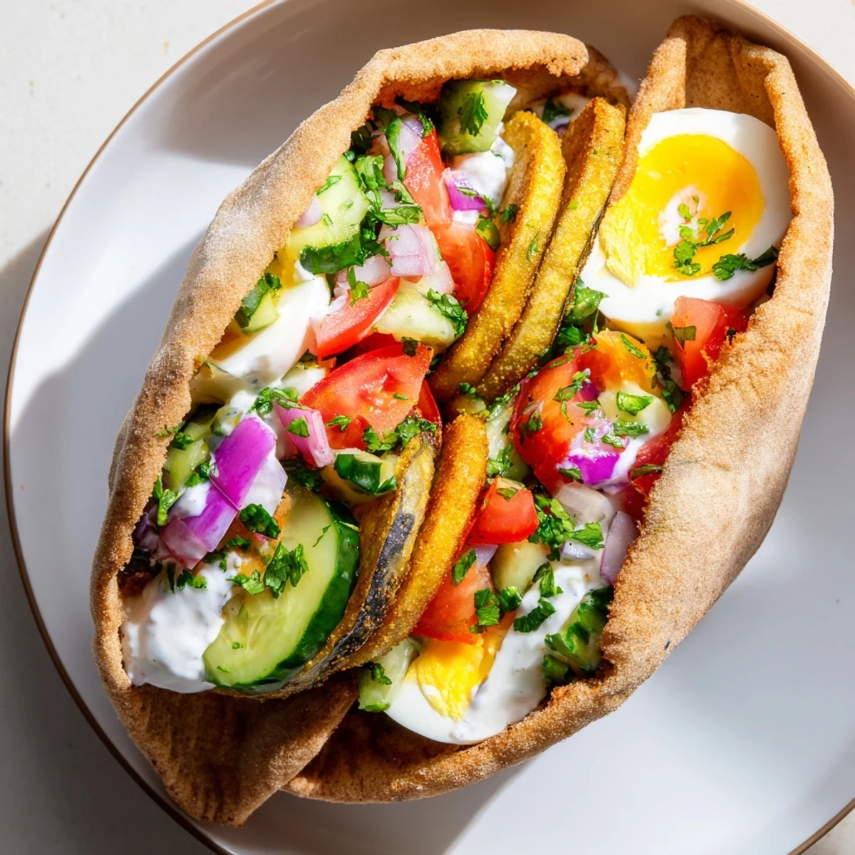 Golden-brown fried eggplant and creamy tahini star in a delicious Israeli Sabich sandwich.