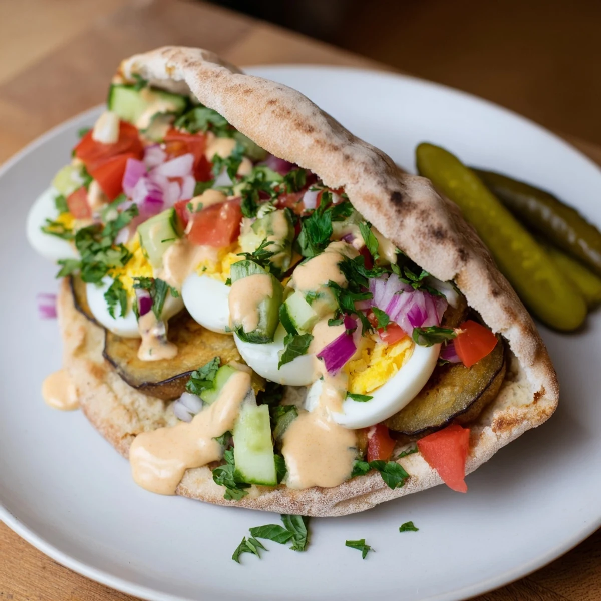 A colorful Israeli Sabich brimming with fresh Israeli salad, tender eggs, and flavorful pita bread.