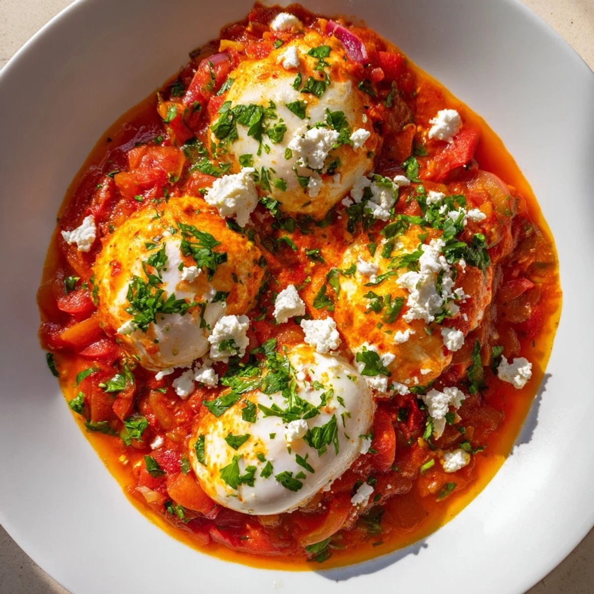 Israeli Shakshuka eggs bubbling in a pan, a vibrant stew with perfectly poached eggs.
