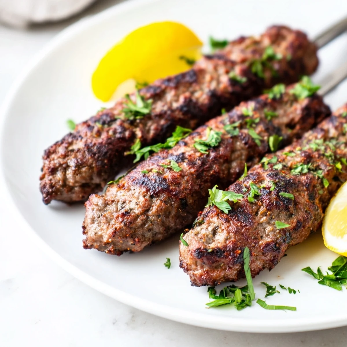Smoky Iraqi Kebab Tikka skewers, with perfectly grilled ground meat ready to be served hot.