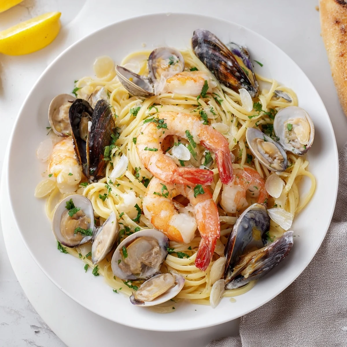 Linguine pasta is tossed with shrimp, clams, and mussels in a fragrant garlic white wine sauce for a vibrant Italian seafood meal.  