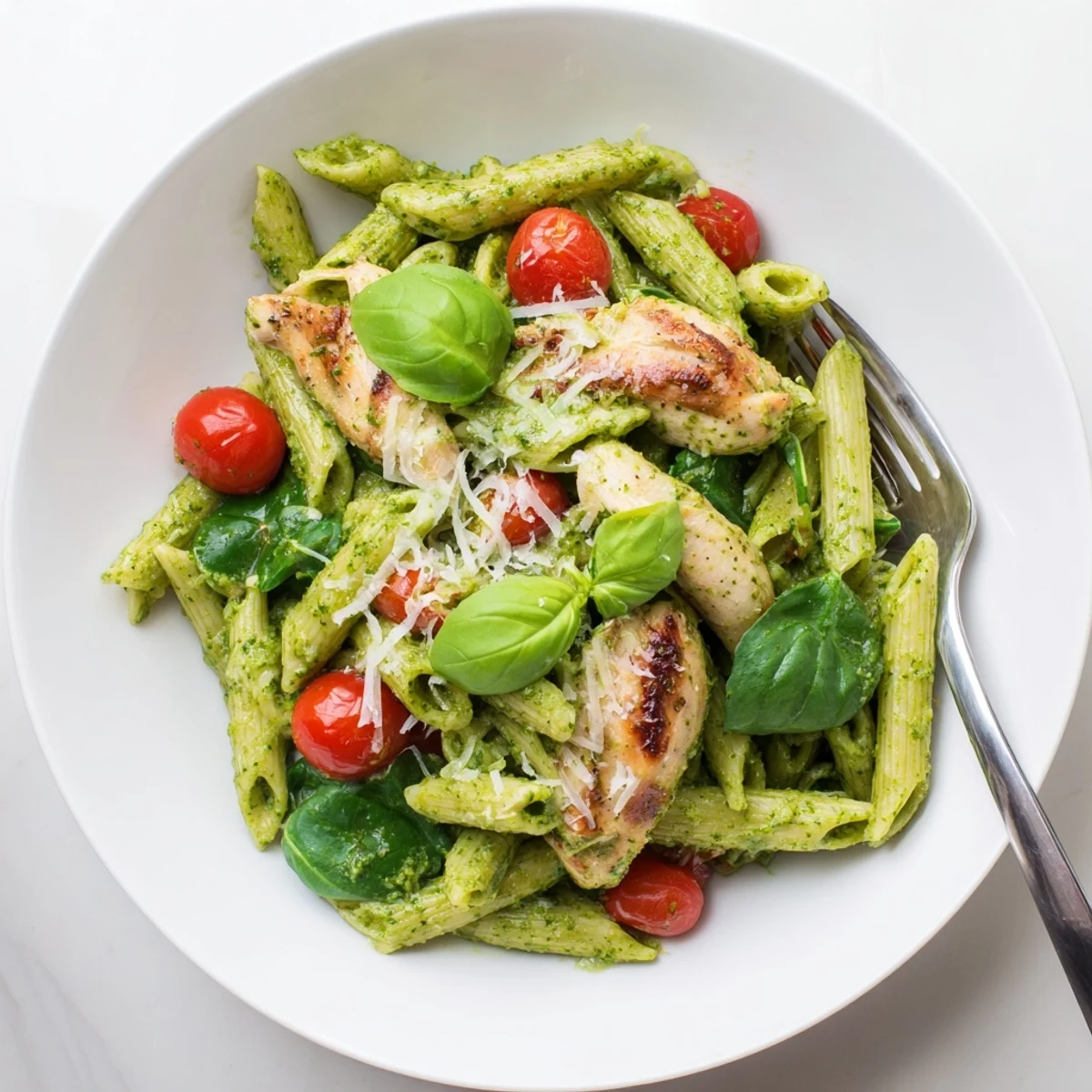 Plated Pesto Chicken Pasta with golden grilled chicken slices and vibrant halved cherry tomatoes over twirled penne.  