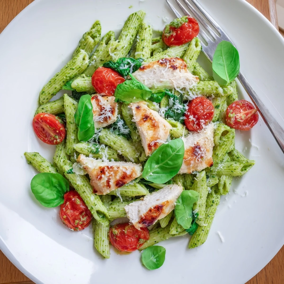 Sizzling skillet of Pesto Chicken Pasta garnished with basil leaves, ready for a weeknight family dinner.