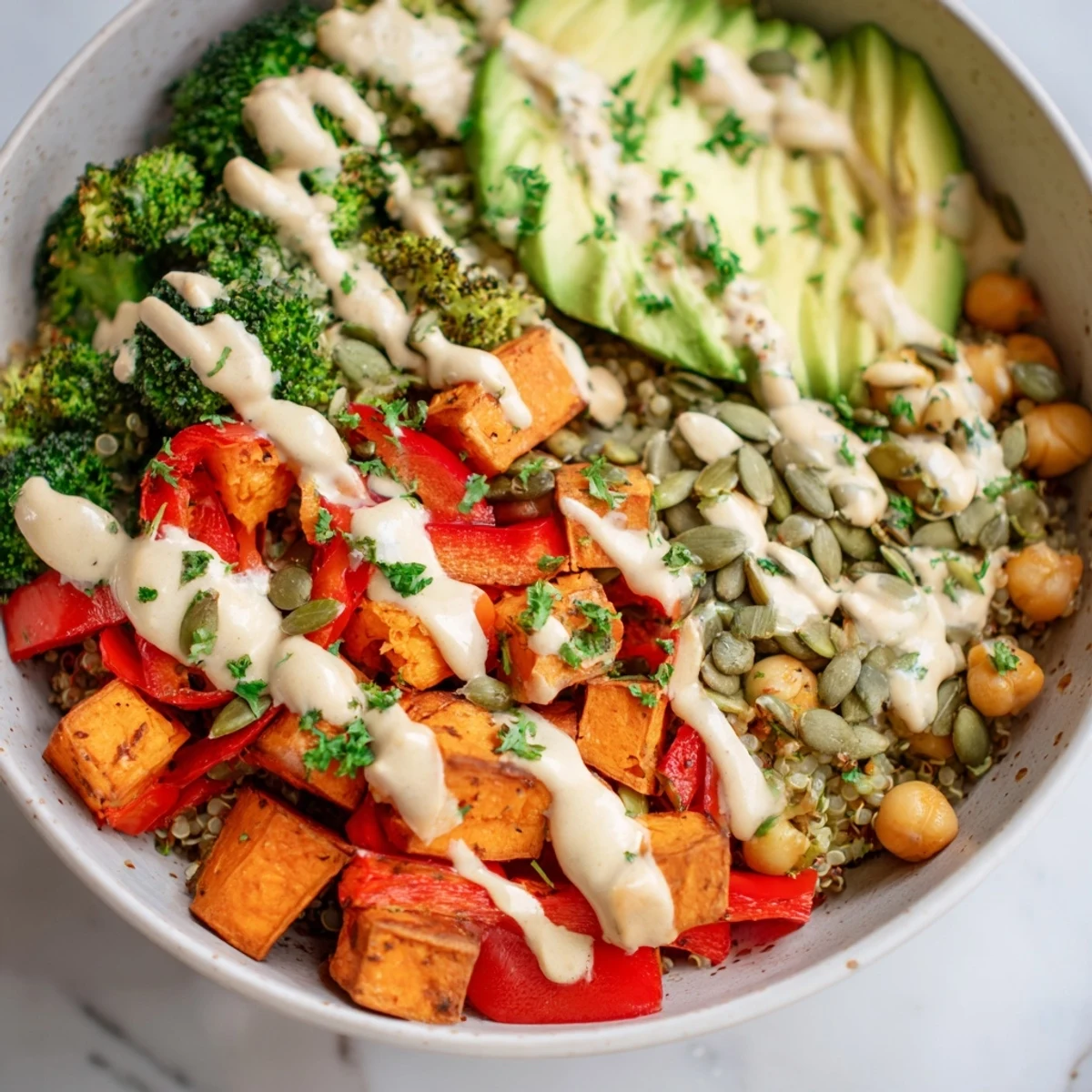 Vibrant Quinoa Buddha Bowl with creamy tahini dressing, showcasing colorful roasted vegetables.