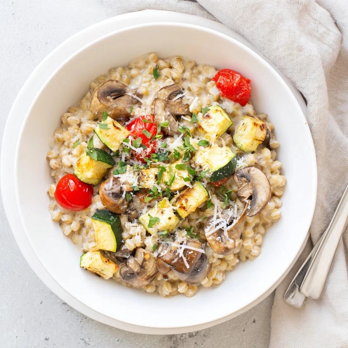 Steaming pearled barley in a creamy sauce, served with golden, oven-roasted cherry tomatoes and vegetables for a hearty vegetarian meal.