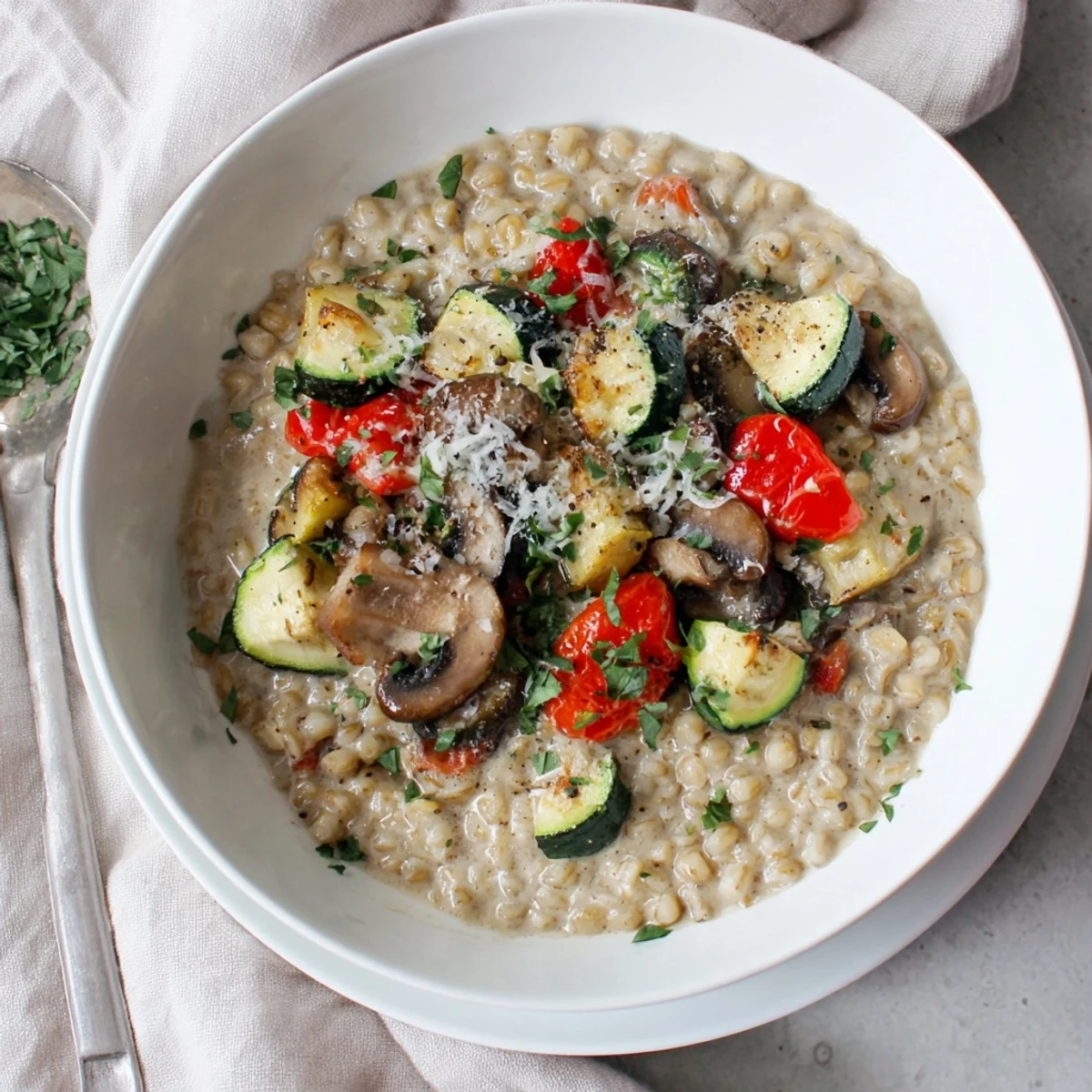 Creamy pearled barley bowl topped with roasted zucchini, red bell pepper, and cremini mushrooms, garnished with fresh parsley.