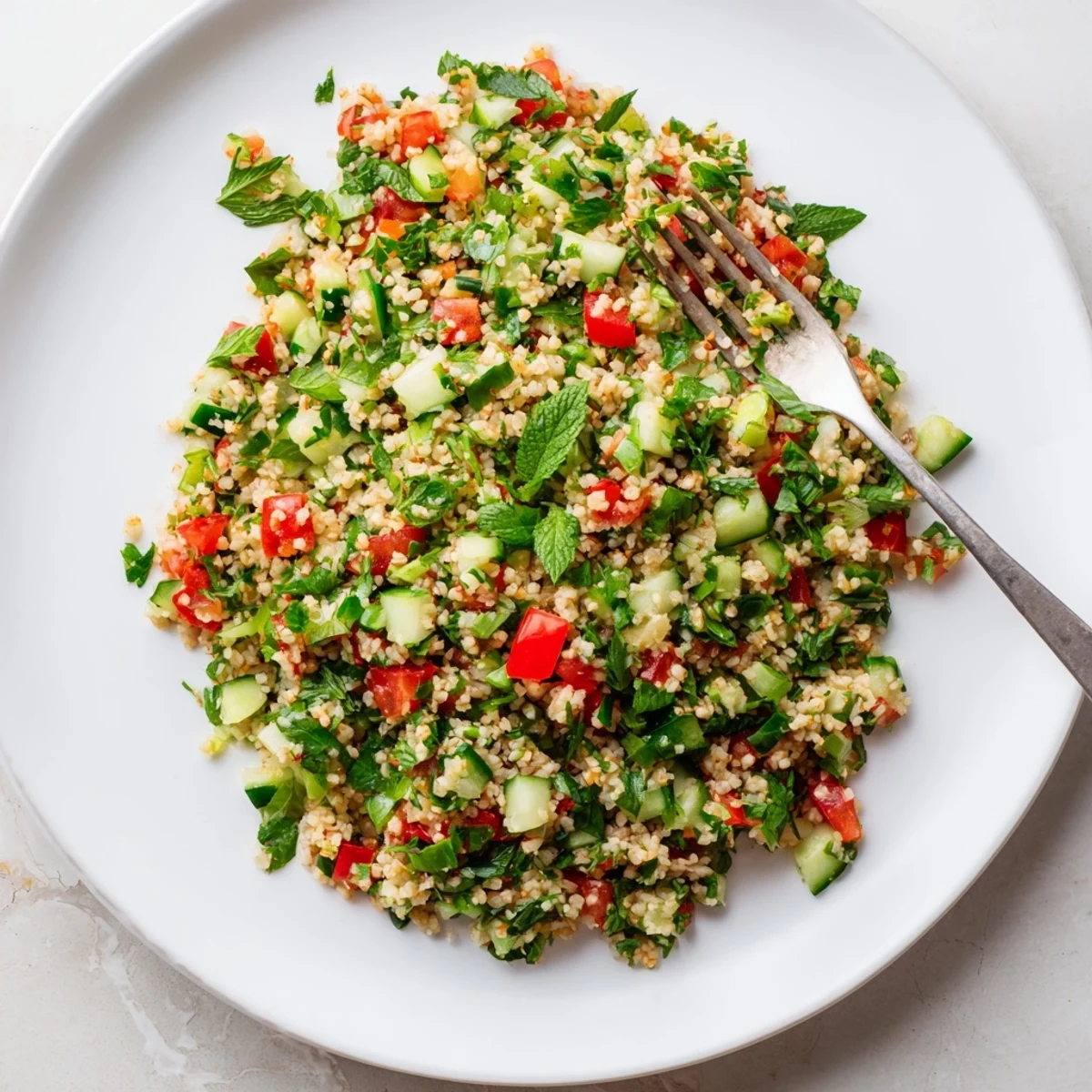 A vibrant bowl of homemade Bulgur Wheat Salad Tabbouleh, packed with fresh parsley, diced tomatoes, and cucumber, dressed in a zesty lemon vinaigrette.  