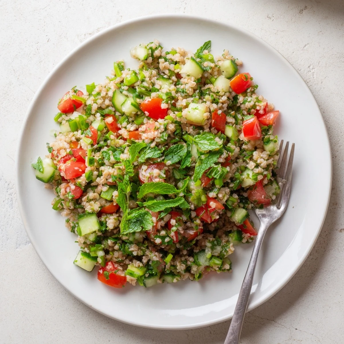 Freshly tossed Bulgur Wheat Salad Tabbouleh with chopped herbs, ripe tomatoes, and crisp cucumber, ready to serve as a refreshing side or light lunch.  