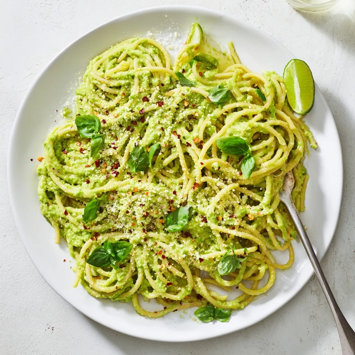 Vibrant green avocado pasta with chili flakes, served warm on a rustic wooden table.  