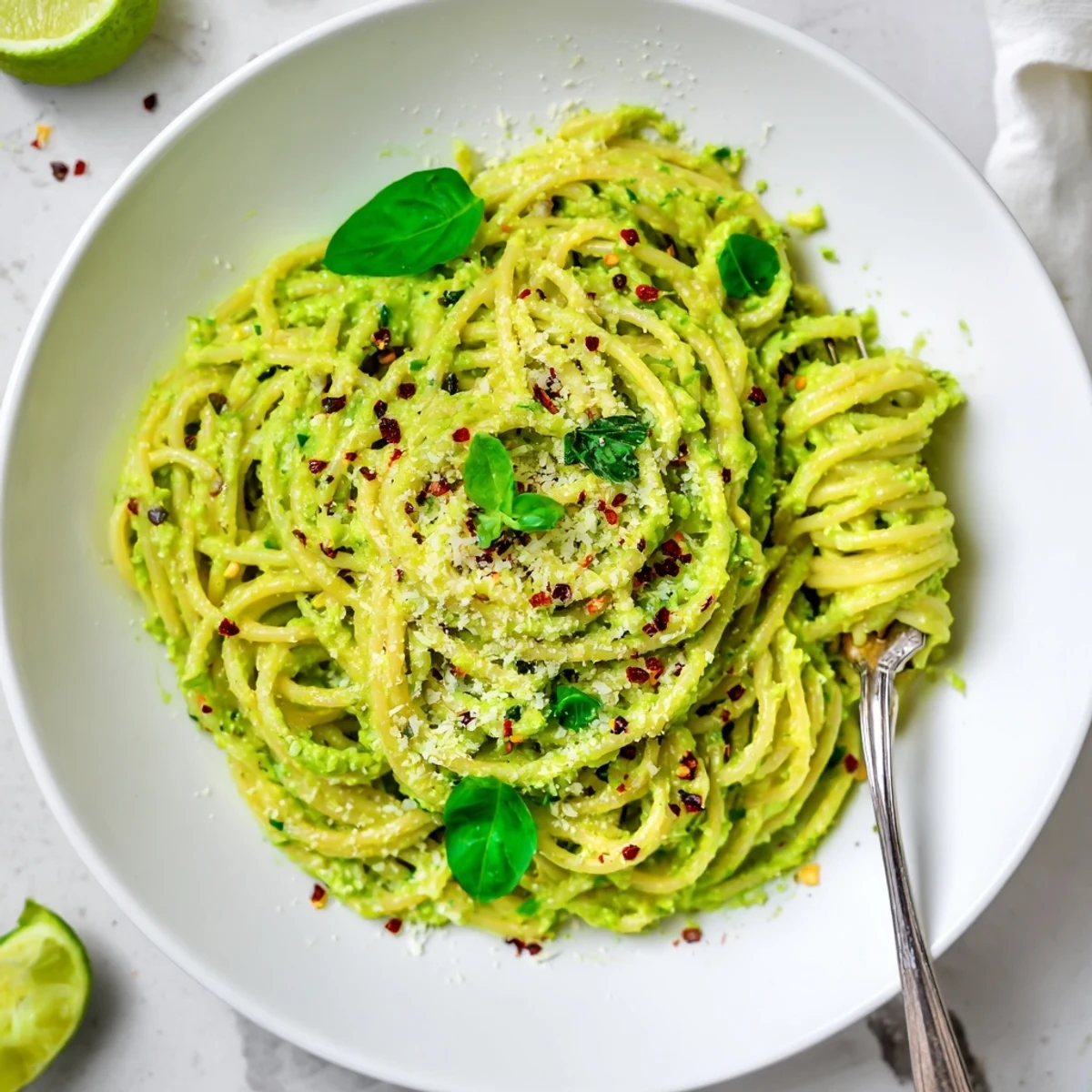 Zesty smashed avocado pasta tossed with spaghetti, topped with grated Parmesan and lime zest.