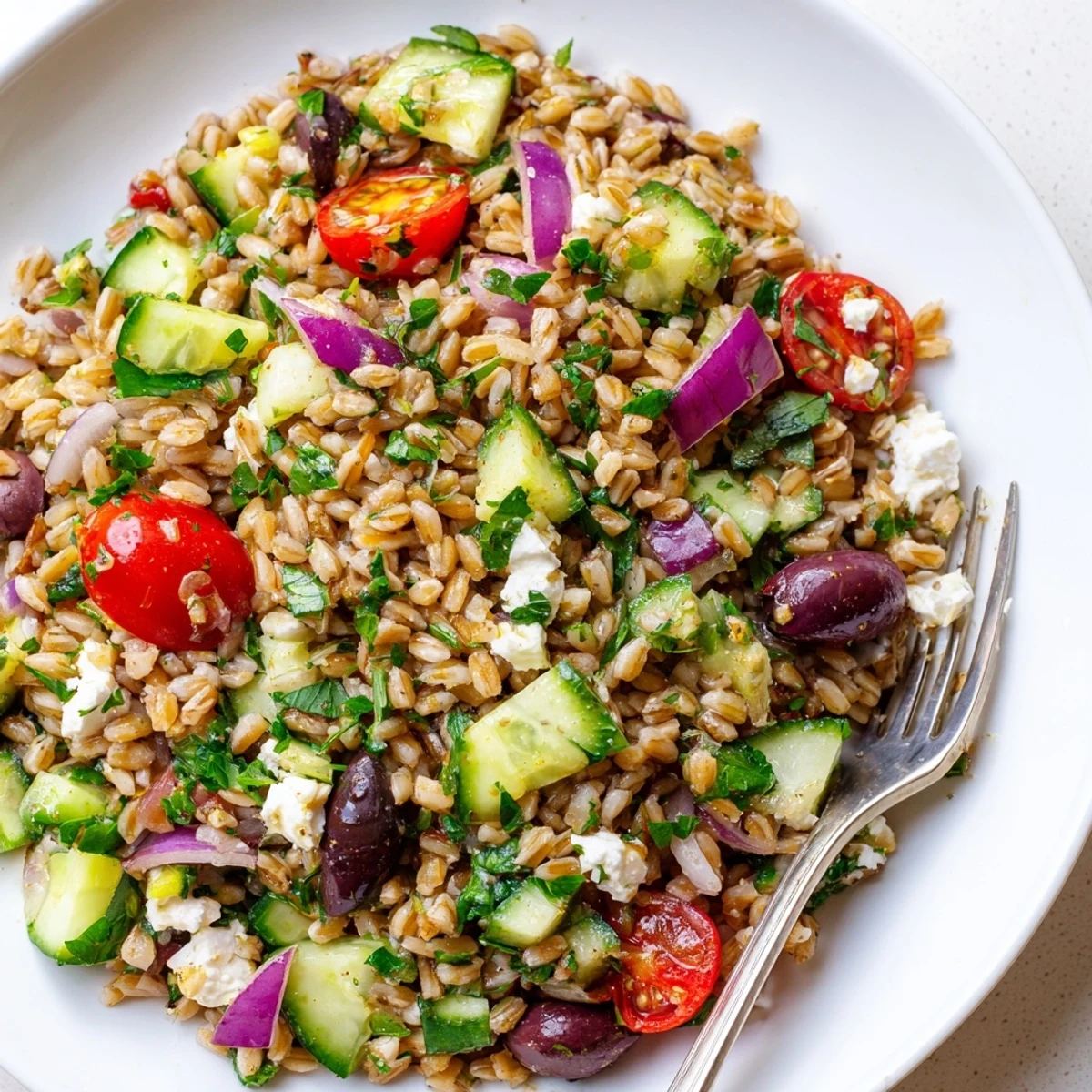 Close-up of a chilled Farro Salad Mediterranean, featuring creamy feta, briny olives, and fresh herbs over chewy grains.  