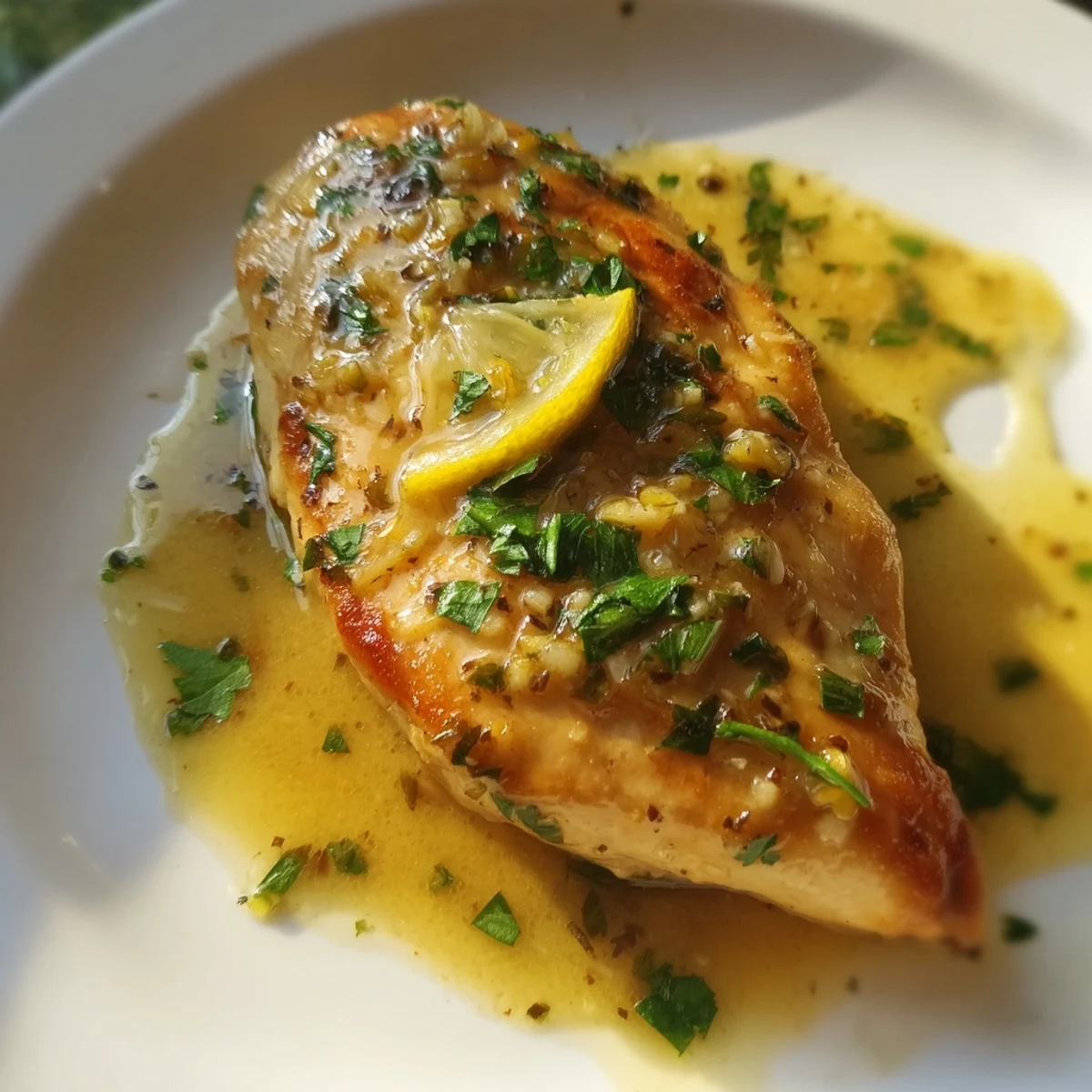 Golden pan-seared Lemon Pepper Chicken breasts glistening with lemon-butter sauce, served alongside fluffy mashed potatoes and fresh parsley garnish.  