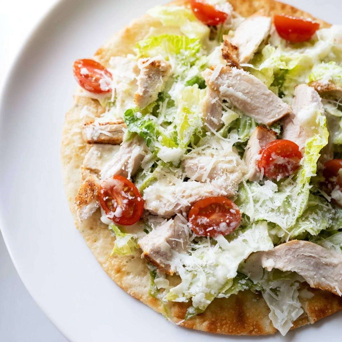 A golden Caesar Chicken Flatbread topped with juicy grilled chicken, crisp romaine, and creamy Parmesan dressing.  