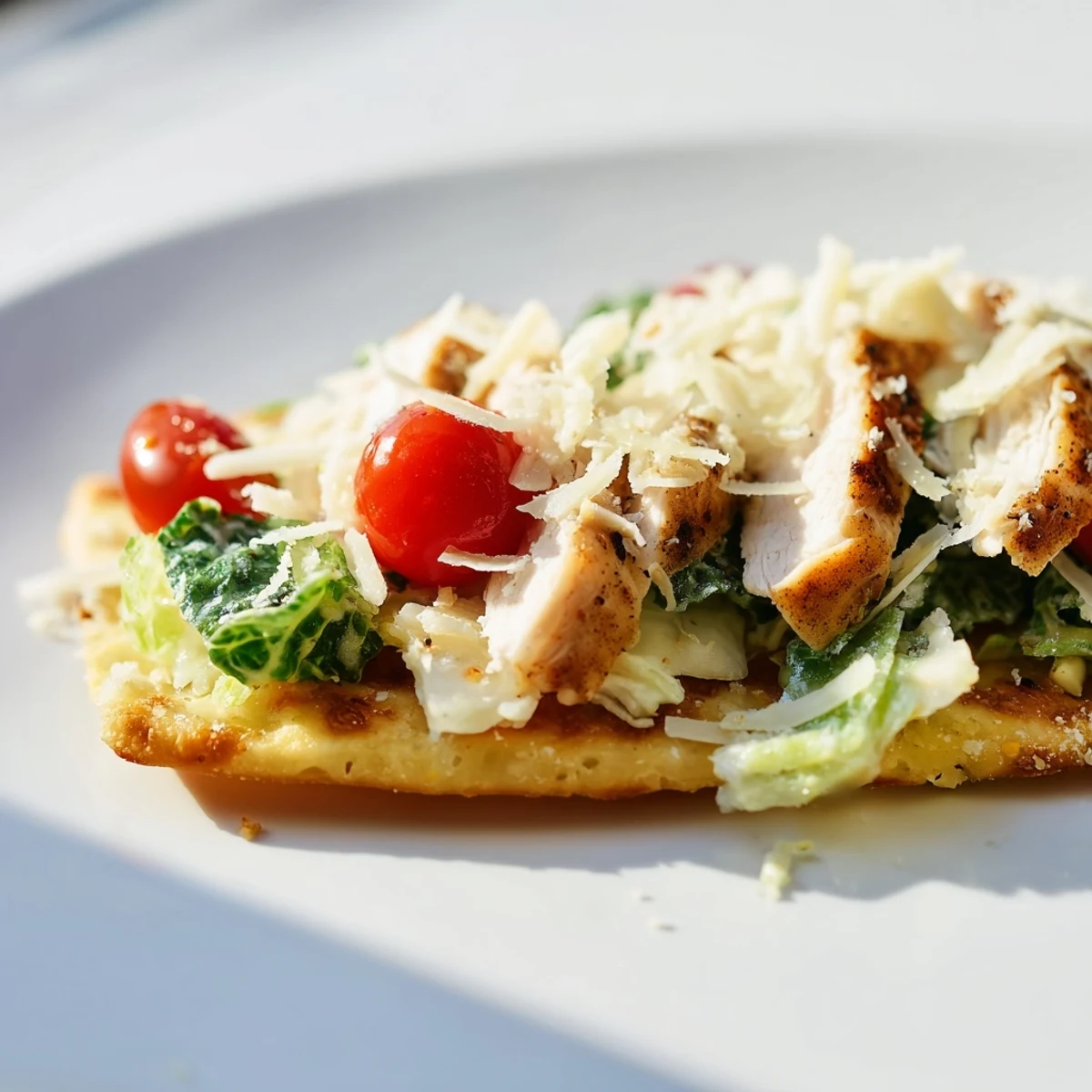 Sliced grilled chicken and fresh romaine sit atop a warm flatbread drizzled with rich Caesar dressing.  