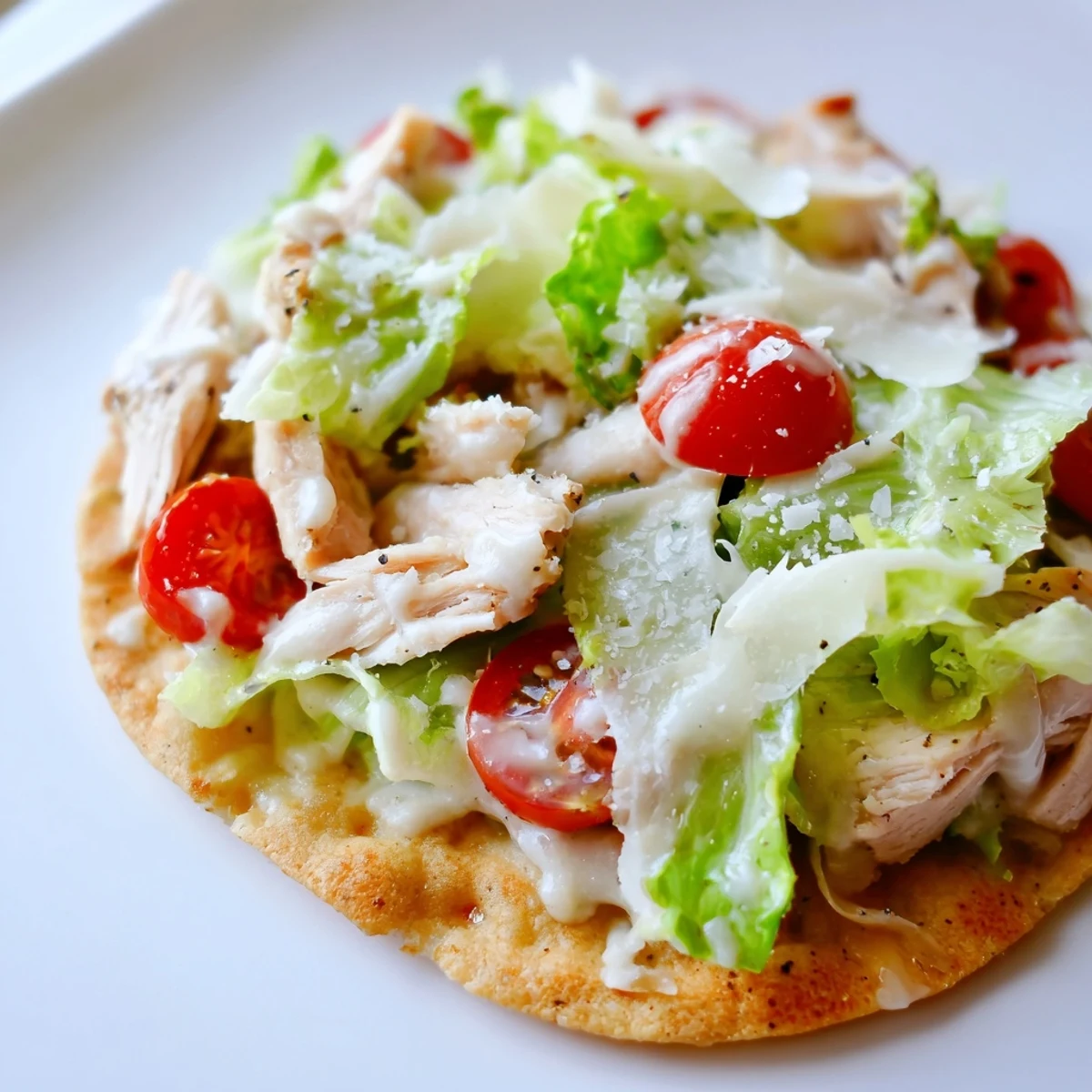 Ready-to-serve Caesar Chicken Flatbread with cherry tomatoes and extra Parmesan shavings on a rustic plate.