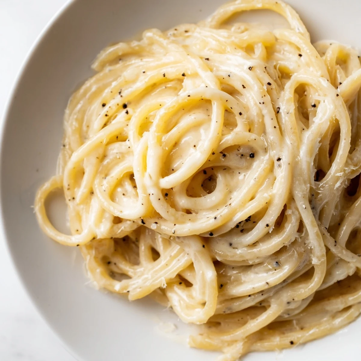 A close-up of Spaghetti Cacio e Pepe twirled on a fork, showcasing the creamy Pecorino Romano and freshly cracked black pepper clinging to each strand.