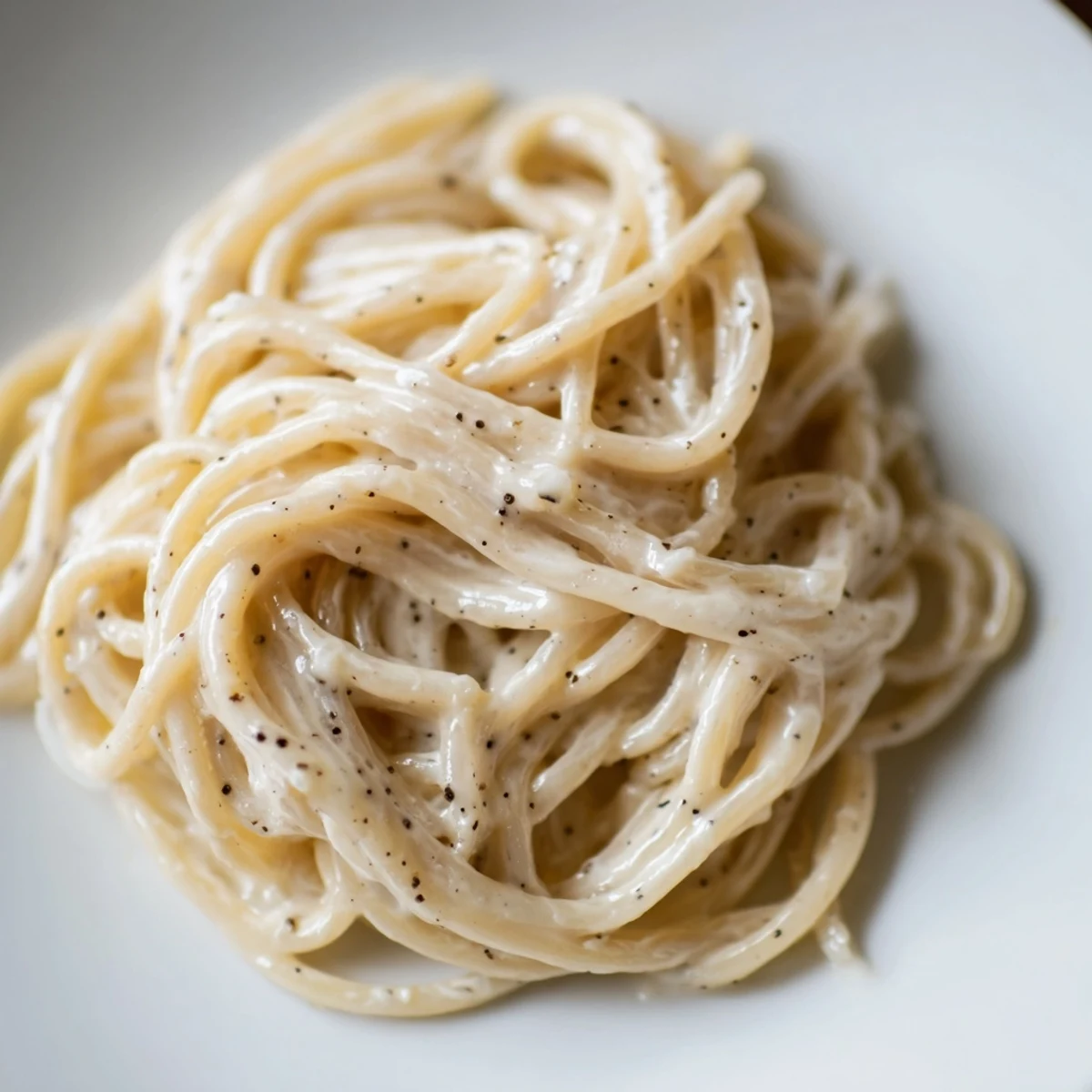 Spaghetti Cacio e Pepe served warm on a plate, with a light dusting of grated Pecorino Romano and a side salad for a complete meal.