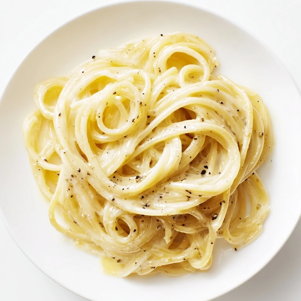 A rustic bowl of Spaghetti Cacio e Pepe, featuring perfectly al dente pasta coated in a glossy, peppery cheese sauce ready to be enjoyed.