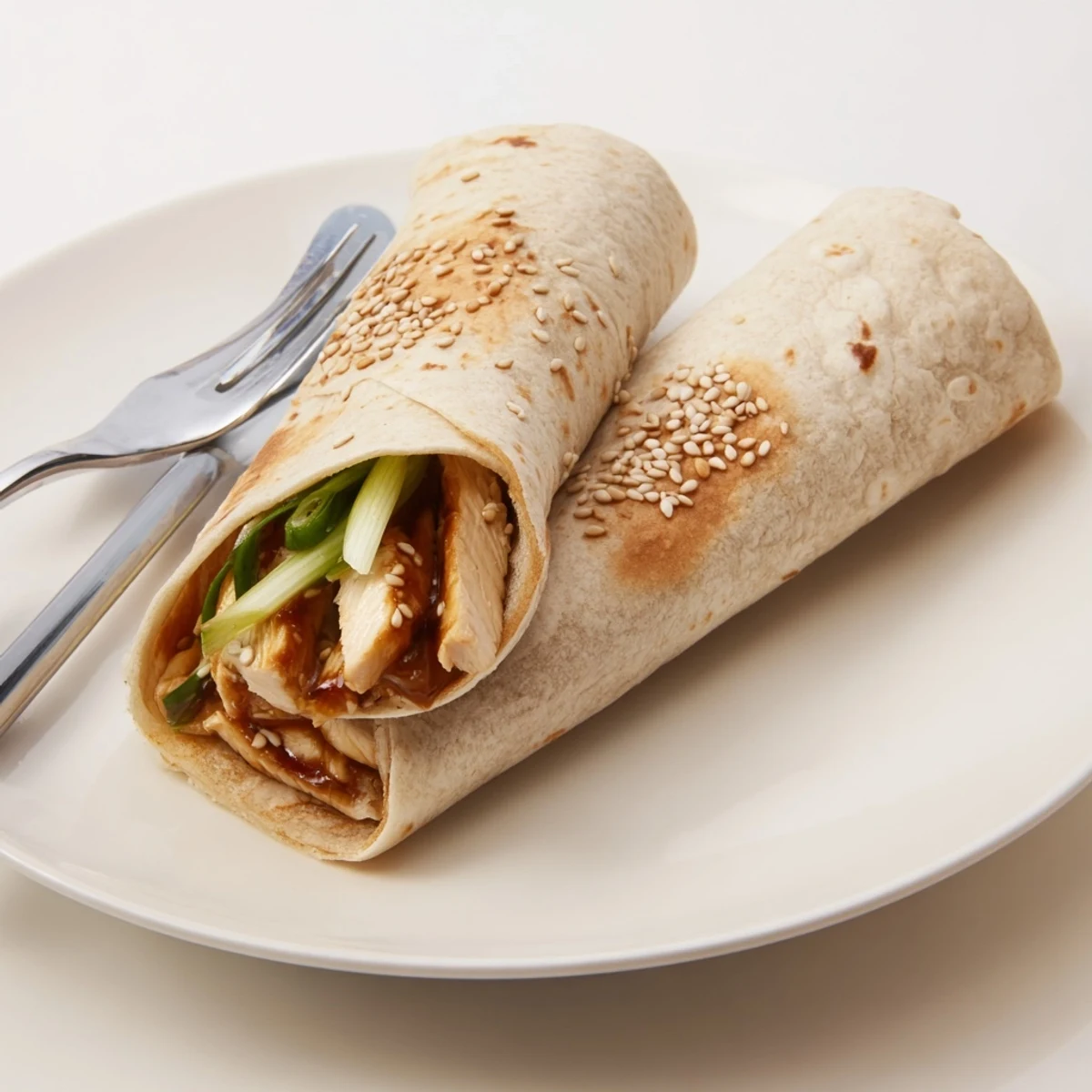 A close-up of a Teriyaki Chicken Wrap showing tender glazed chicken strips and crunchy cabbage inside a soft flour tortilla, ready to eat.
