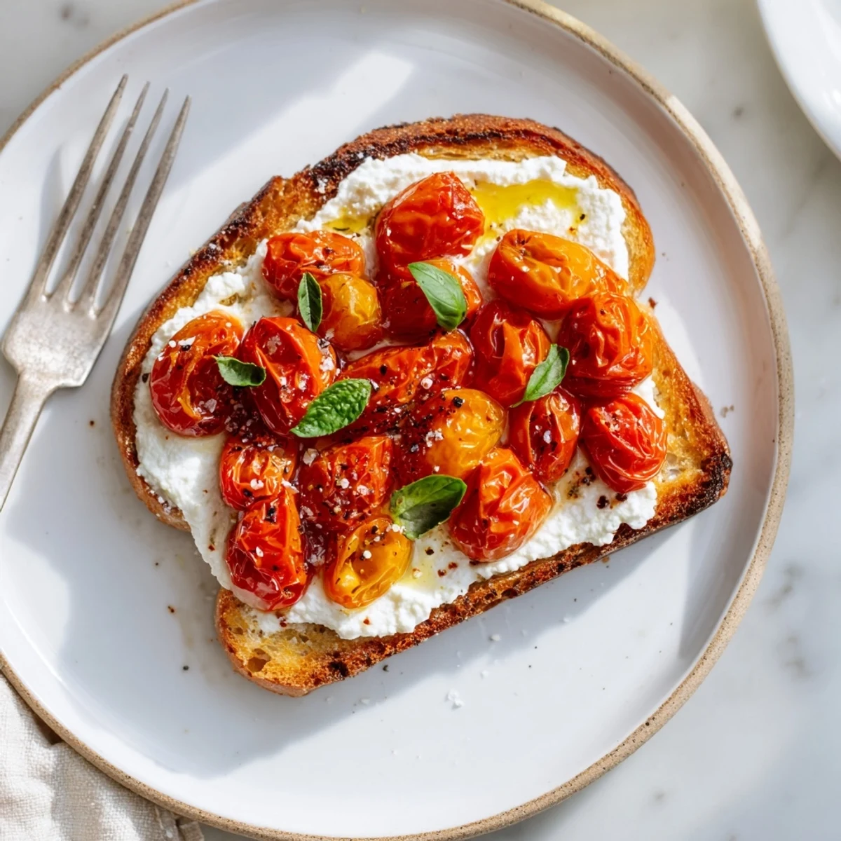 Fresh basil garnishes the vibrant tomato ricotta toast, glistening with a drizzle of olive oil.