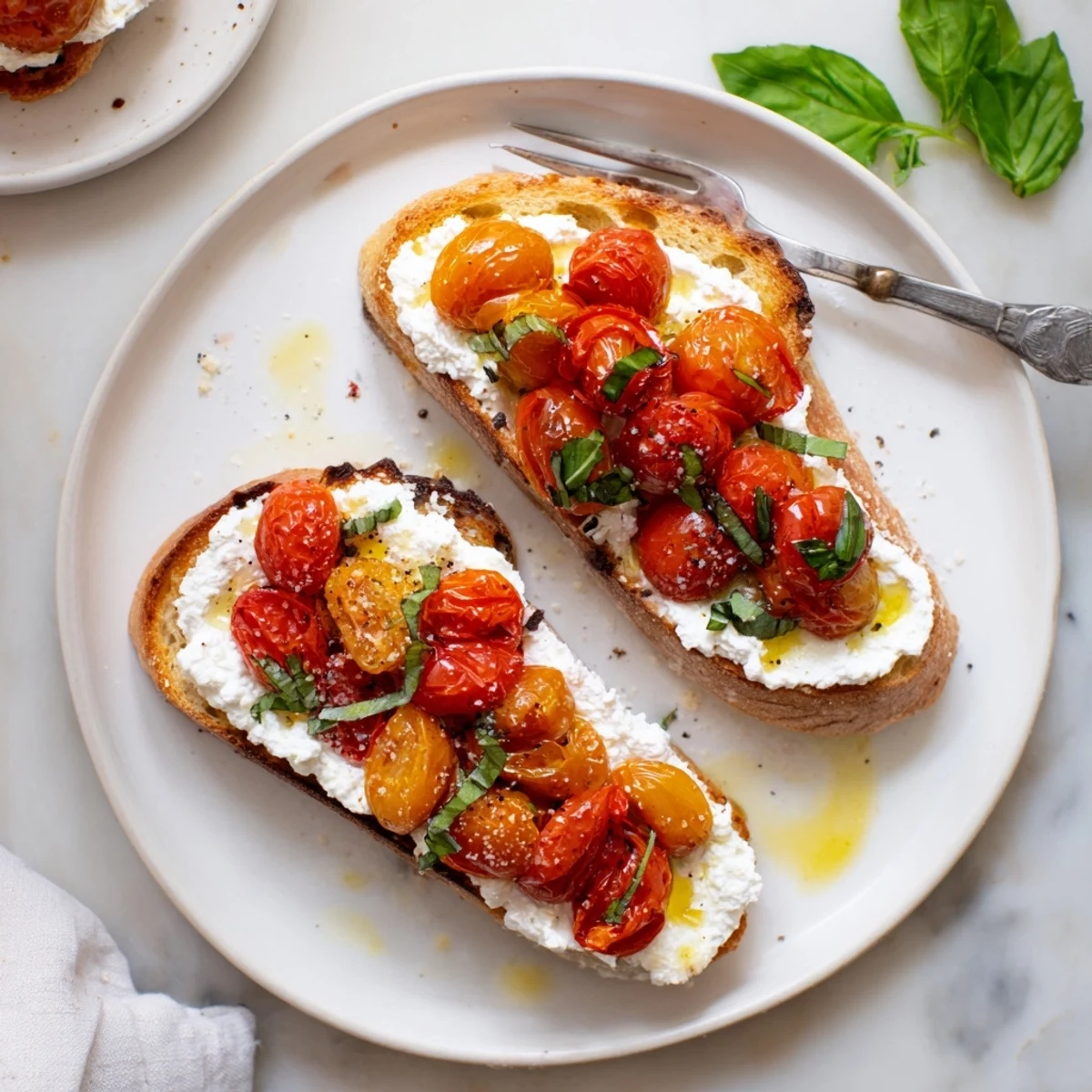 Golden roasted cherry tomatoes atop creamy whipped ricotta spread on thick-sliced, toasted sourdough bread.