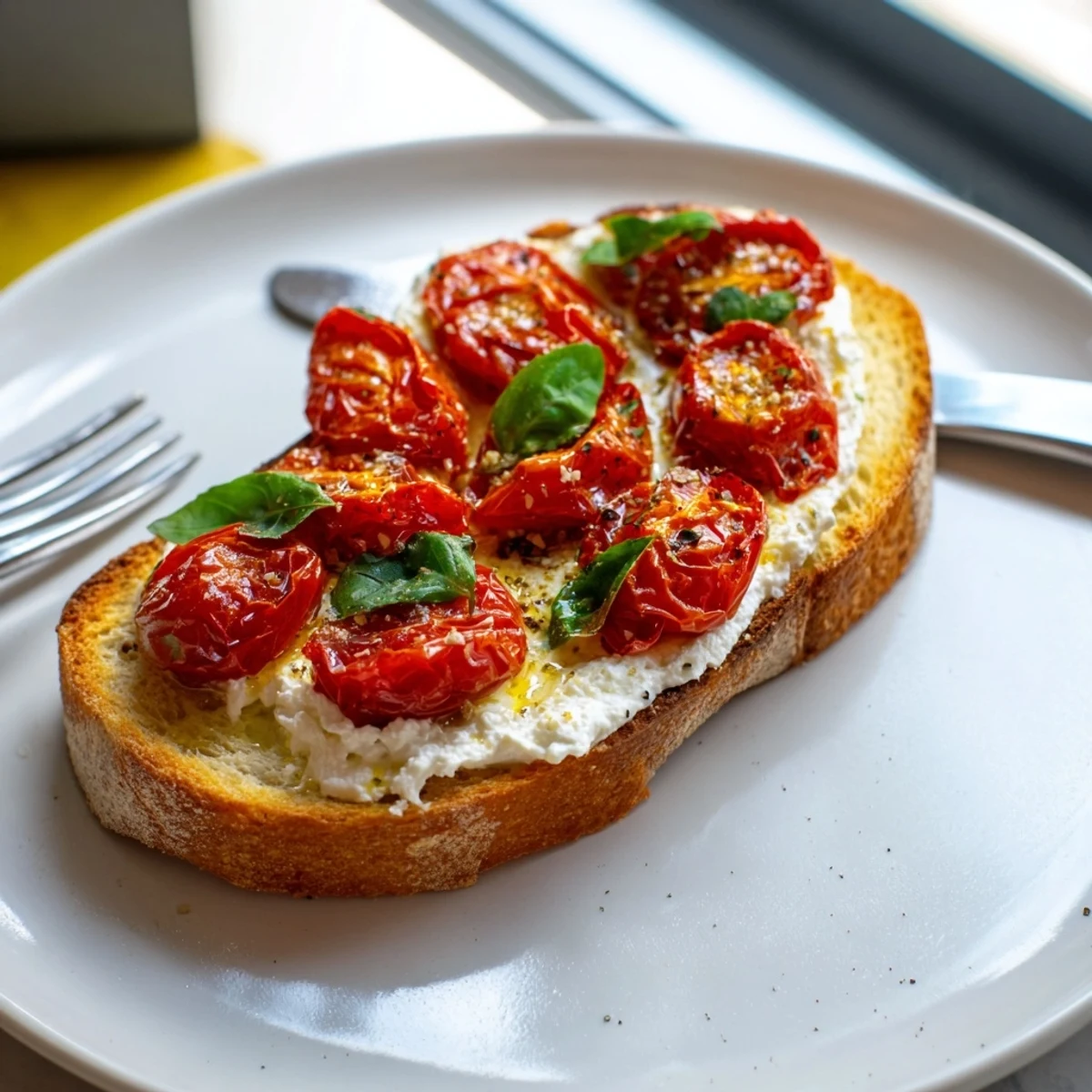 A close-up of a savory tomato ricotta toast, with warm, caramelized tomatoes and fluffy ricotta.