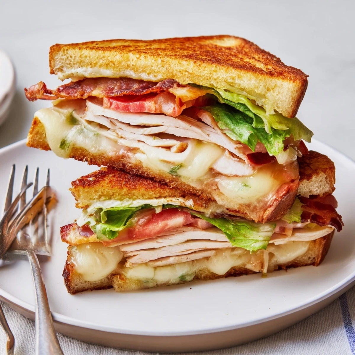 Golden, buttery sourdough sandwiches layered with roasted turkey, crispy bacon, fresh lettuce, and melted cheese.