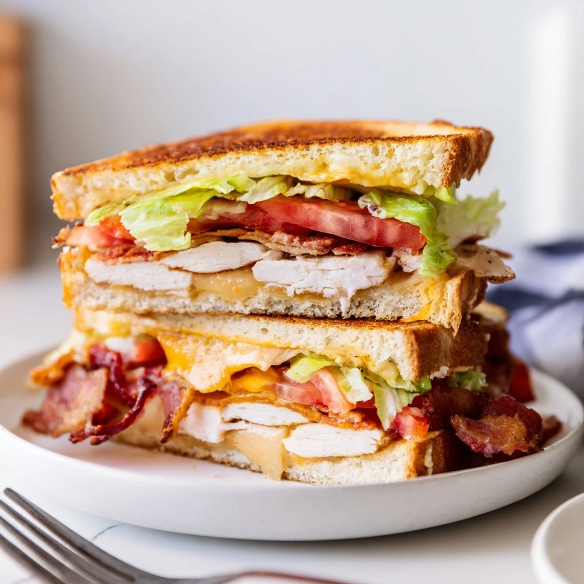 A hearty grilled cheese sandwich featuring turkey, bacon, and melted cheese, served warm for lunch.