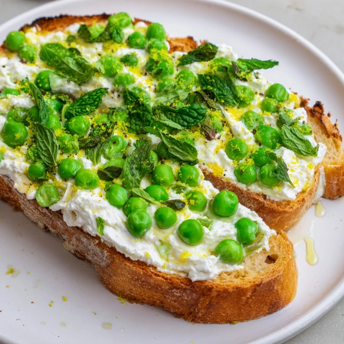 Pea & Mint Ricotta Toast on golden sourdough, topped with lemon zest and fresh mint leaves.