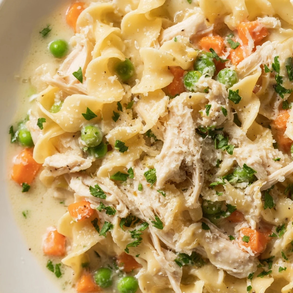 A close-up of Spring Chicken Noodle Skillet, garnished with fresh parsley and Parmesan.