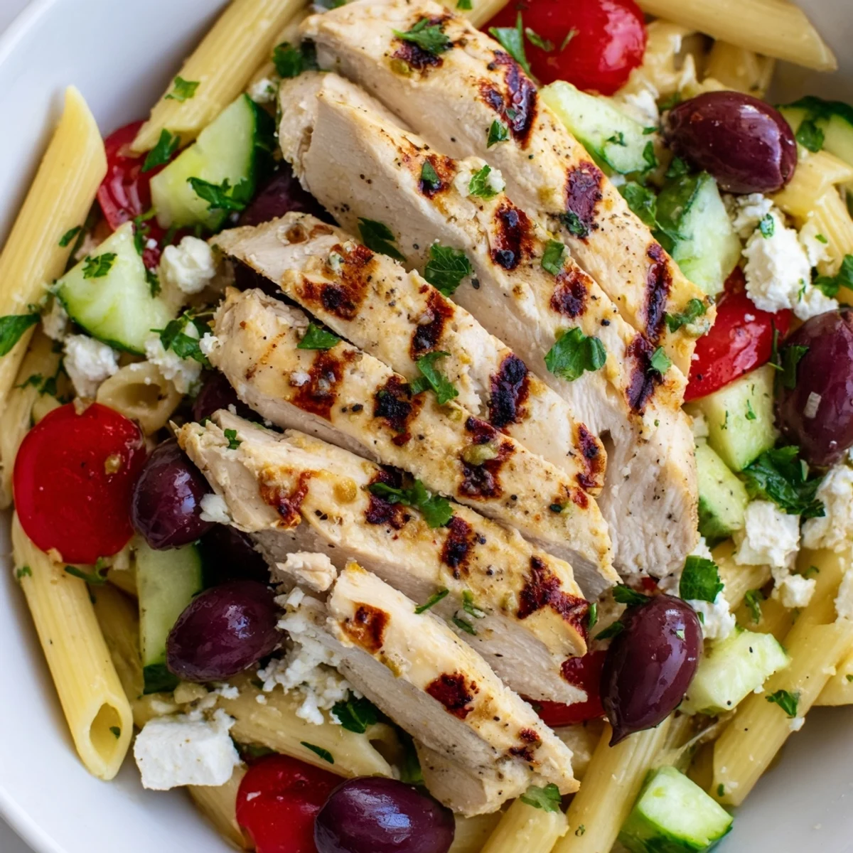 Close-up of Greek Chicken Pasta Bowl featuring olives, cucumbers, and fresh parsley with a drizzle of olive oil.  