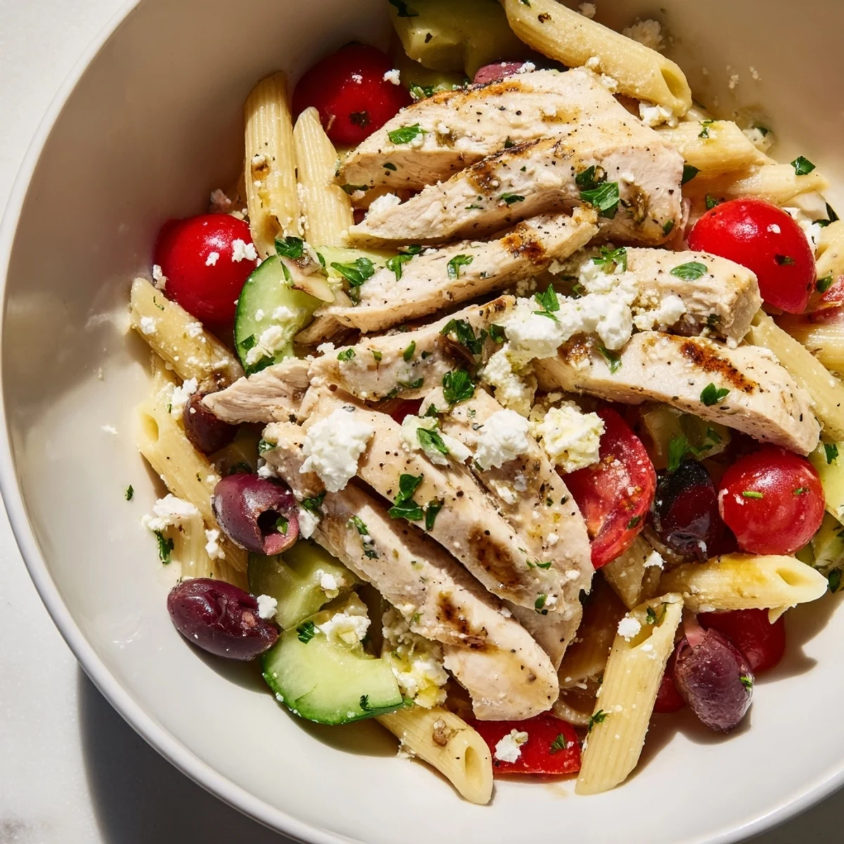 Overhead view of Greek Chicken Pasta Bowl served with red onion, feta, and a light lemon dressing.