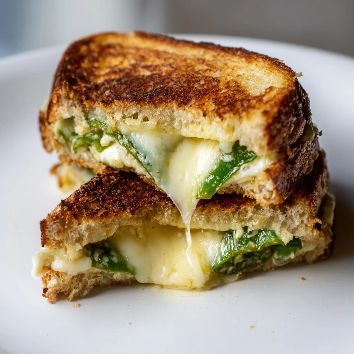 Golden-brown Jalapeño Havarti Grilled Cheese sandwiches are sliced on a wooden board, showcasing melted cheese and vibrant jalapeños inside crispy sourdough.