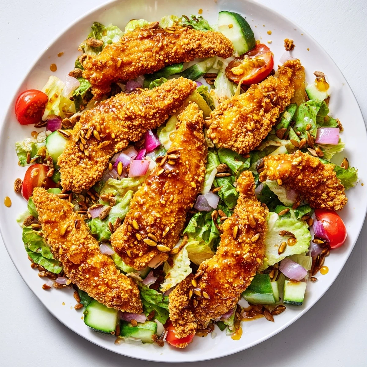 Fresh lettuce leaves support spicy fried chicken, drizzled with warm honey and topped with crunchy roasted seeds for a satisfying bite.