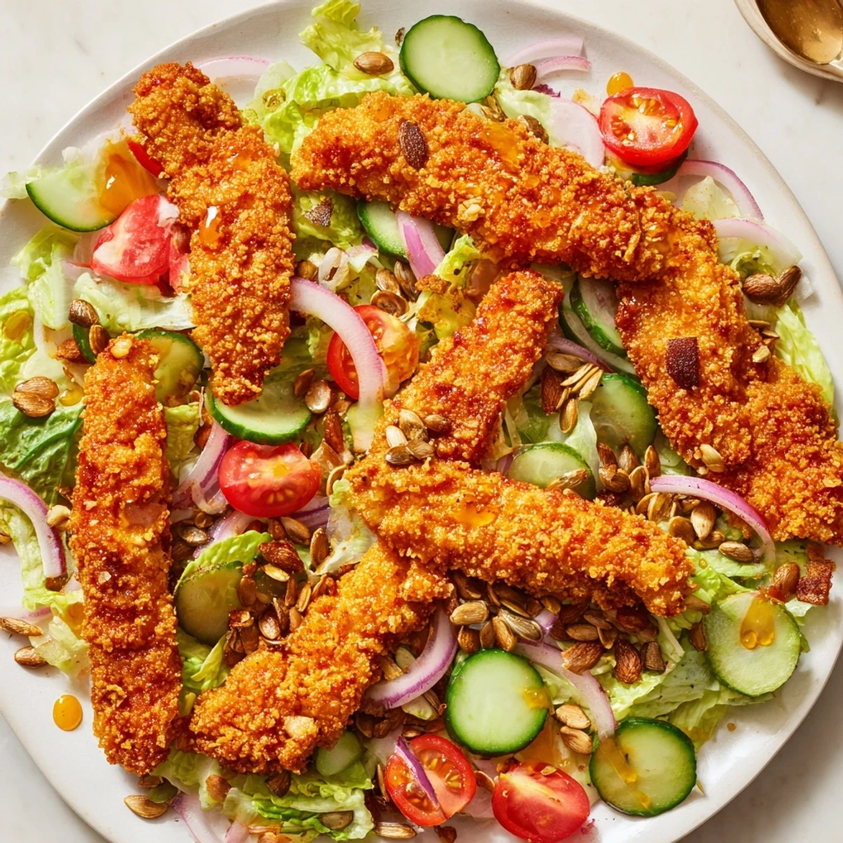 Golden, crispy chicken strips tossed in spicy hot honey rest on a bed of crisp romaine, cucumber, and tomatoes for a vibrant salad.