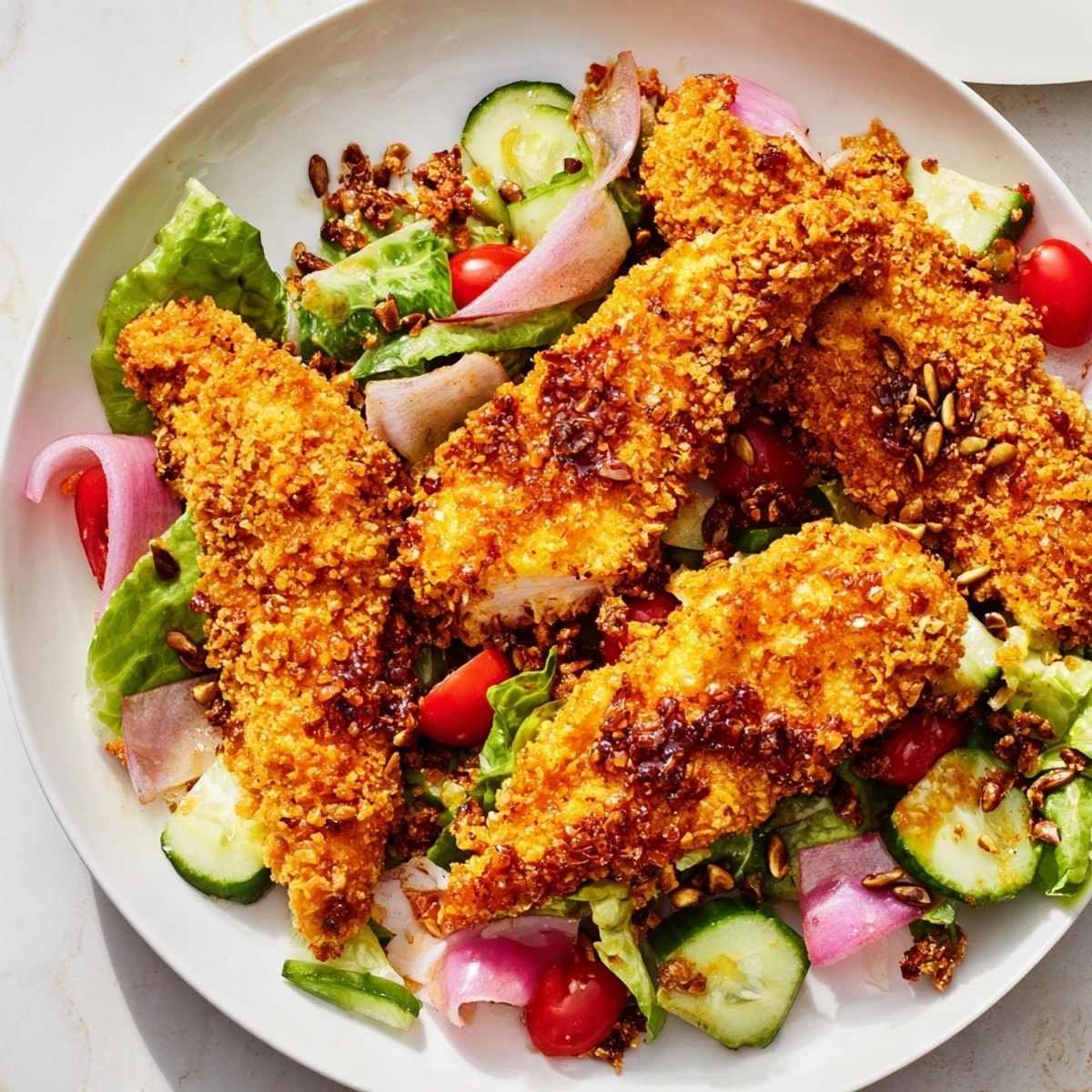 A colorful bowl of Crispy Hot Honey Chicken Salad features golden breaded chicken, bright vegetables, and a glistening drizzle of sweet heat.