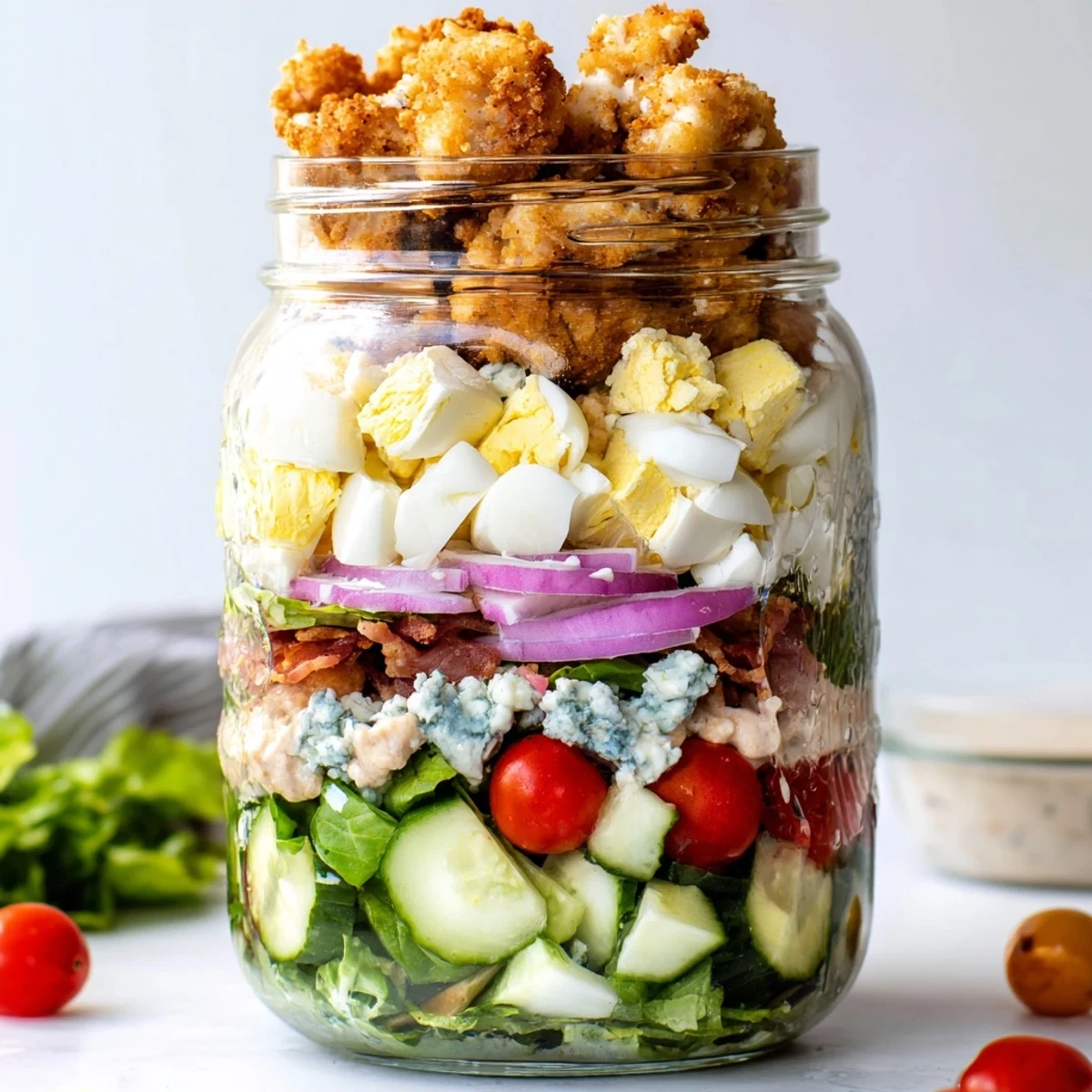 Crispy Chicken Cobb Jar Salad layers golden baked chicken, hard-boiled egg, bacon, and blue cheese with fresh romaine in a portable mason jar.
