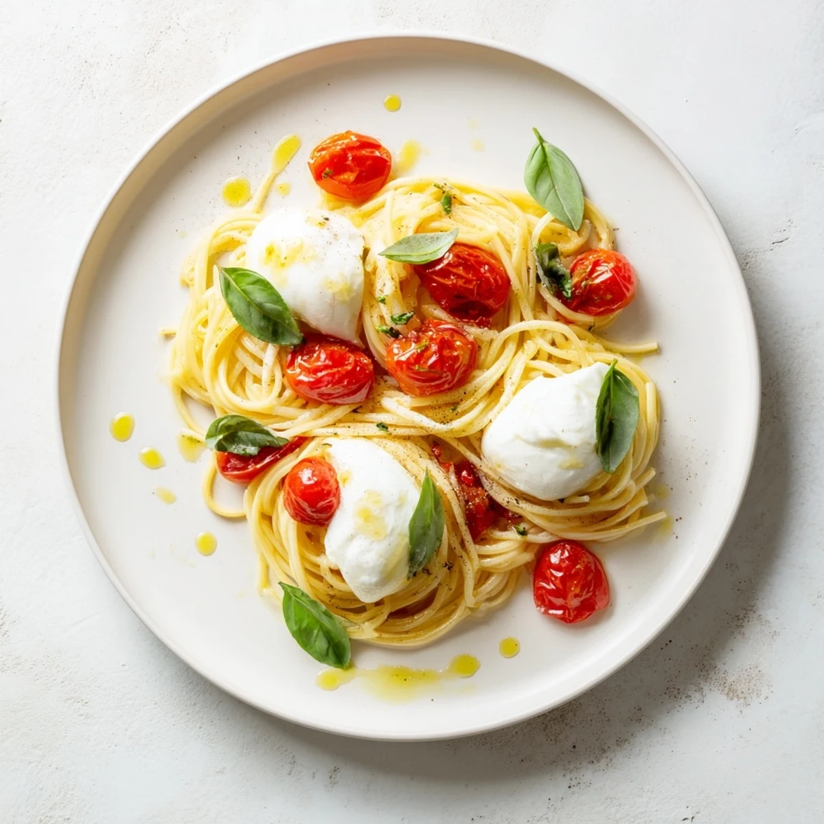Freshly torn burrata melting over warm Burrata Caprese Pasta with juicy cherry tomatoes and fresh basil.