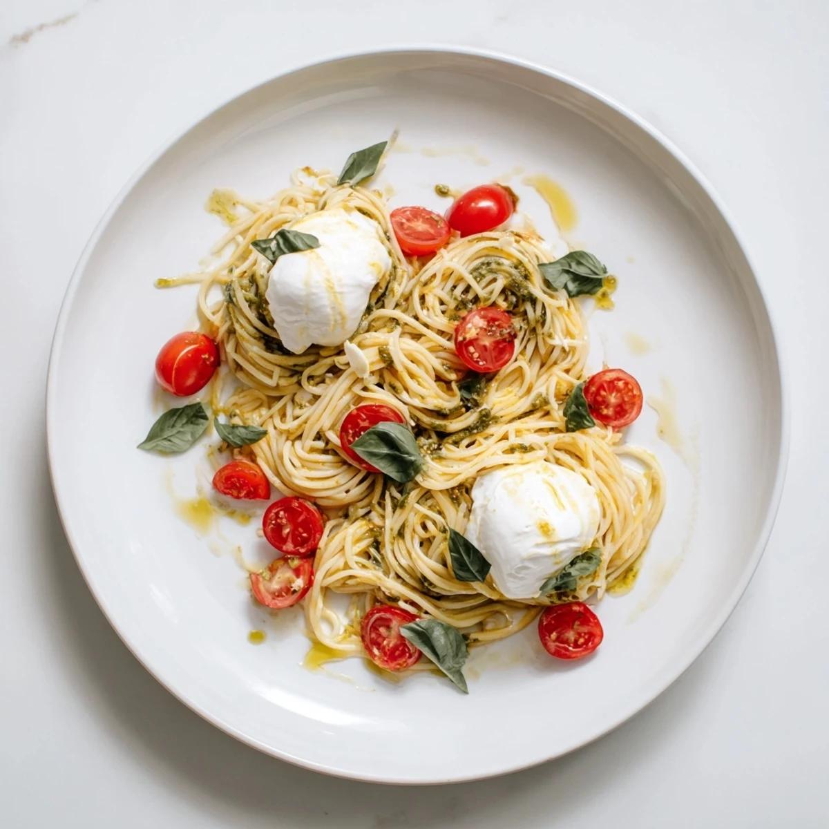 A plate of Burrata Caprese Pasta tossed in a silky tomato sauce, ready for dinner.